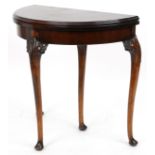 Georgian style mahogany demi lune card table with baize lined interior on cabriole legs, 74cm H x