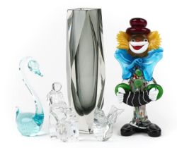 Art glassware including a Murano clown and Seguso two colour glass vase, the largest 28cm high : For