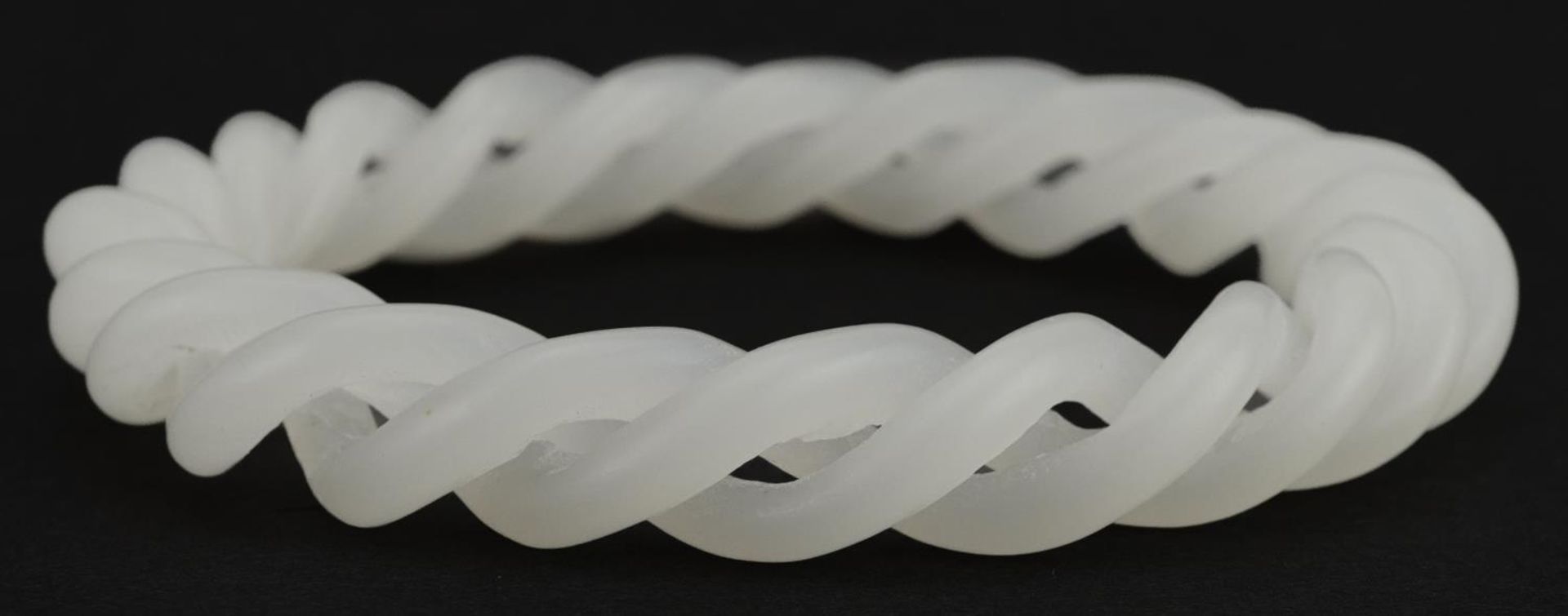 Chinese white jade two section entwined bangle, 8cm in diameter, 30.5g : For further information