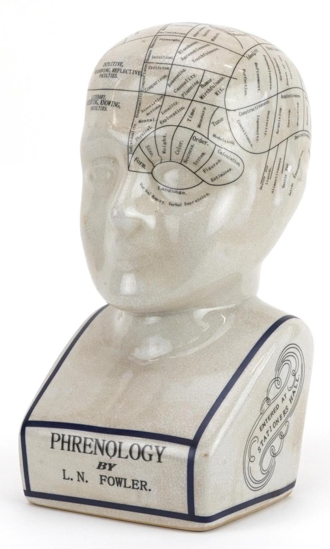 Decorative porcelain phrenology head after L N Fowler, 28.5cm high : For further information on this