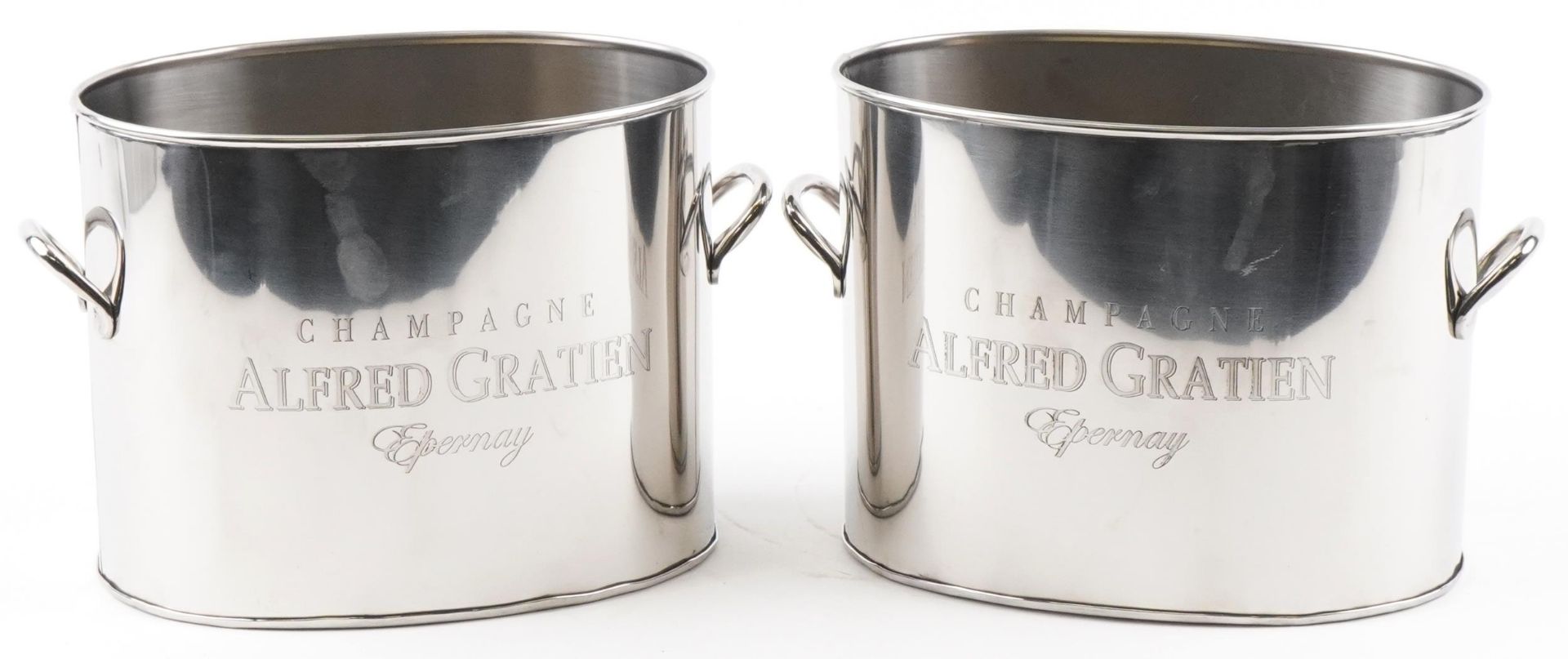 Pair of Alfred Gratien design silver plated Champagne ice buckets with twin handles, 18cm high x