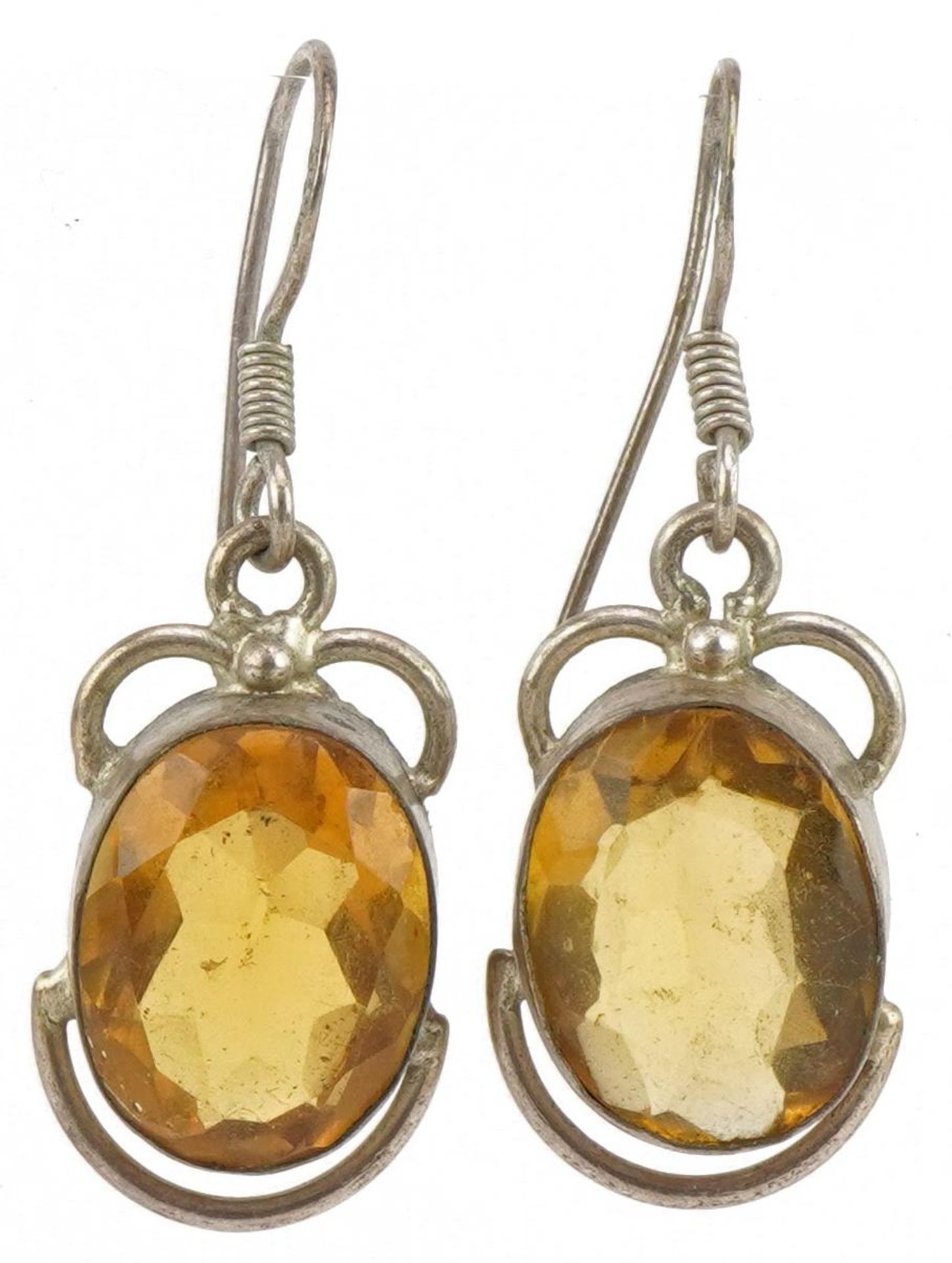 Pair of silver orange stone drop earrings, 4cm high, 7.6g : For further information on this lot