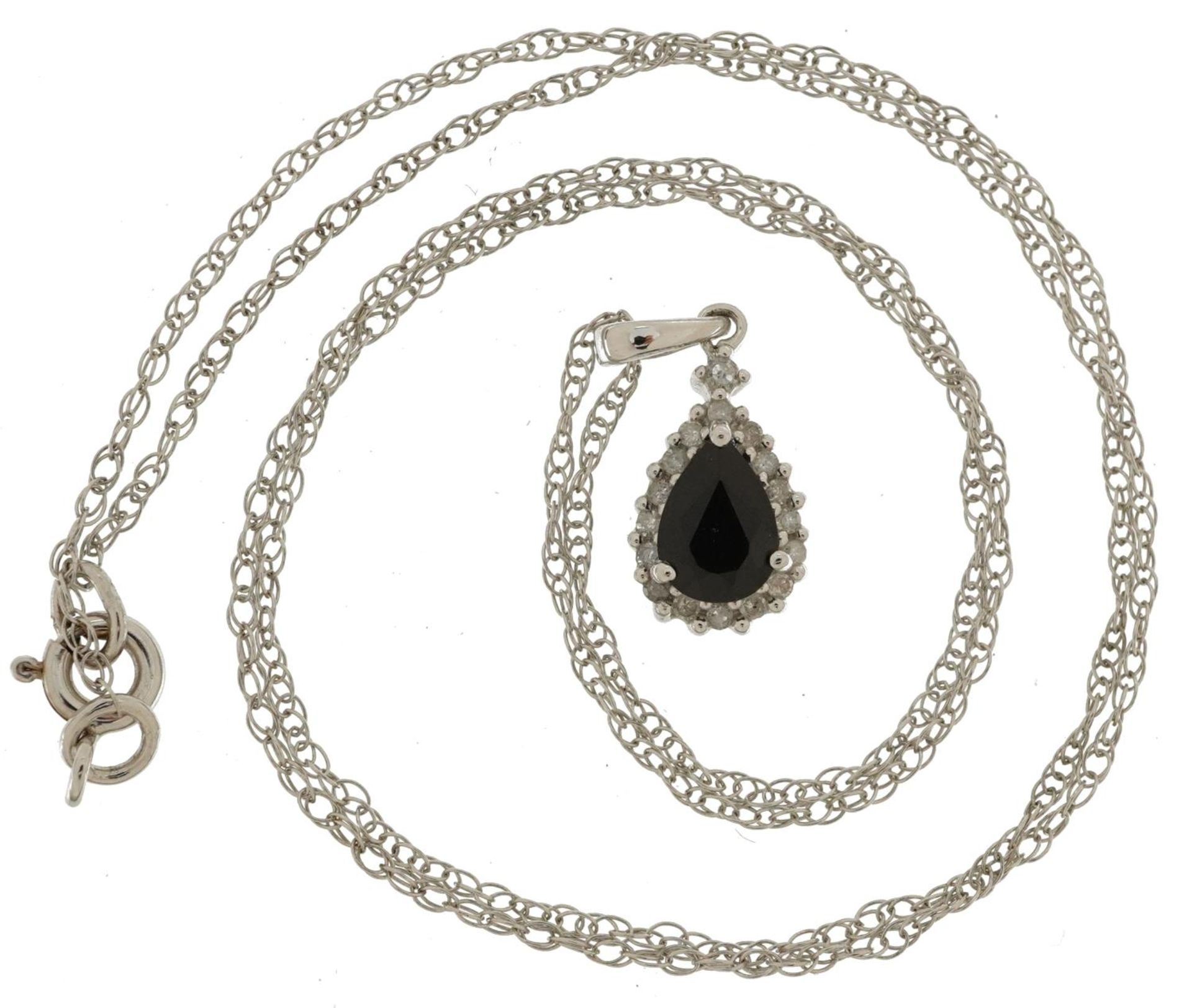9ct white gold diamond and sapphire teardrop pendant on a 9ct white gold necklace, 1.8cm high and - Bild 2 aus 4