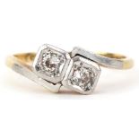 Art Deco 18ct gold diamond two stone crossover ring, total diamond weight approximately 0.15