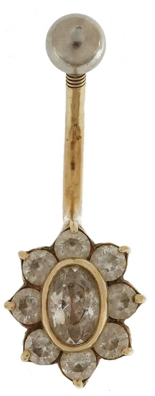 9ct gold clear stone belly bar, 2.6cm in length, 2.2g : For further information on this lot please