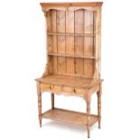 Victorian slim stripped pine dresser with open plate rack above two frieze drawers and under tier,