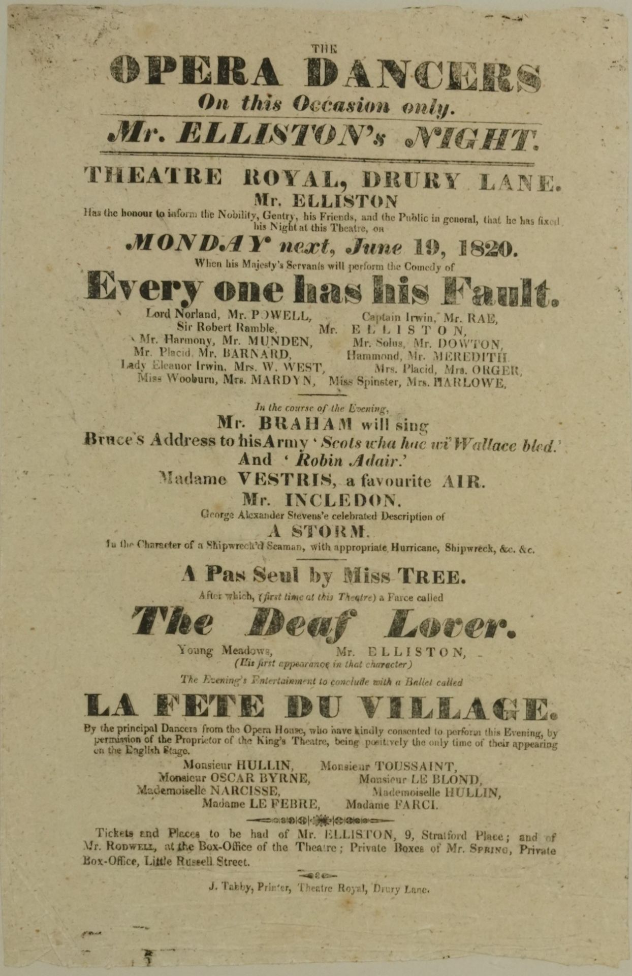 Early 19th century opera dancers poster printed J Tabby Printer, Theatre Royal Drury Lane, framed