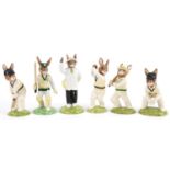 Six Royal Doulton Bunnykins cricketing interest figures, two with certificates, comprising Umpire
