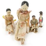 Four antique Queen Anne style peg dolls, the largest 26cm high : For further information on this lot