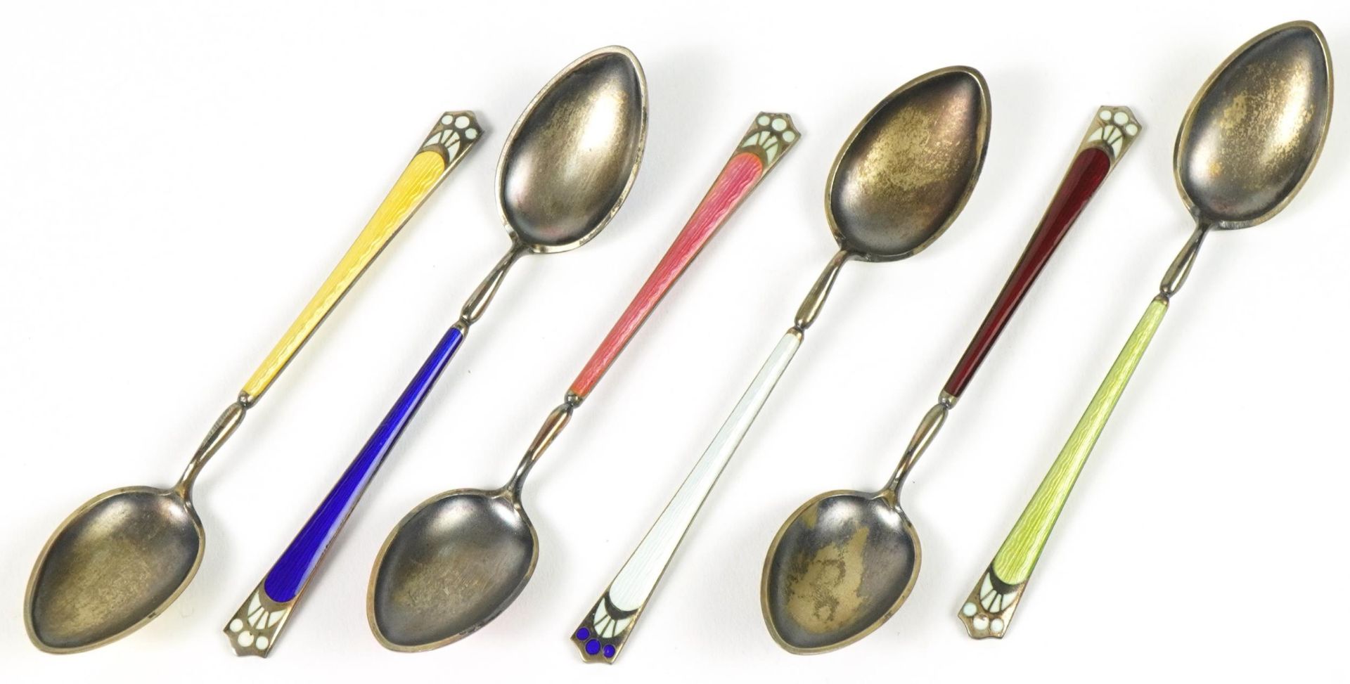Marius Hammer, set of six mid century Danish 930S silver and guilloche enamel teaspoons housed in - Bild 3 aus 4