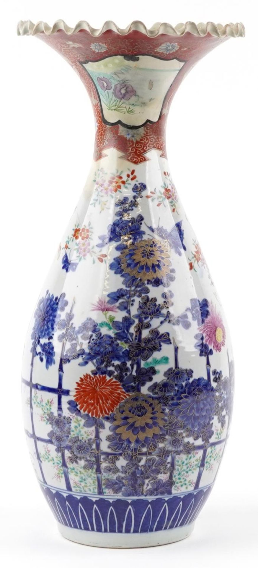 Japanese Arita porcelain vase with frilled rim hand painted with flowers, 55cm high : For further - Image 5 of 10