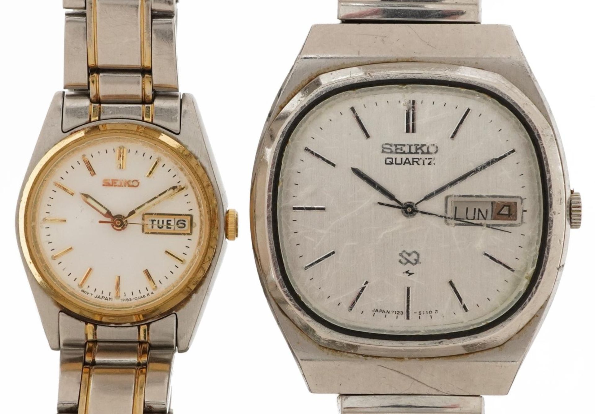 Seiko, two ladies and gentlemen's wristwatches, each with day/date aperture : For further
