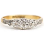 18ct gold and platinum diamond three stone ring, size M, 2.5g : For further information on this