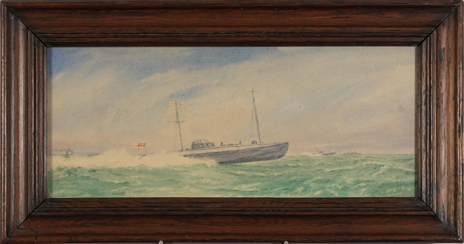 Irvin Bevan - Royal Navy boats in open sea, signed watercolour, mounted, framed and glazed, 47.5cm x - Image 2 of 4