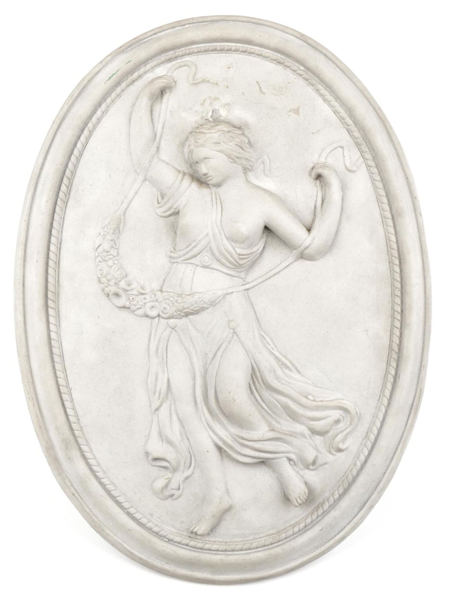 19th century style oval plaster wall plaque decorated in relief with a semi nude maiden, 50cm x 36.