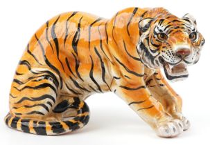Large continental ceramic tiger, indistinct impressed marks to the base, 36cm in length : For
