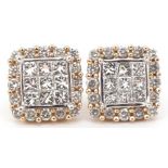 Pair of 9ct gold round brilliant cut and princess cut diamond cluster stud earrings, total diamond