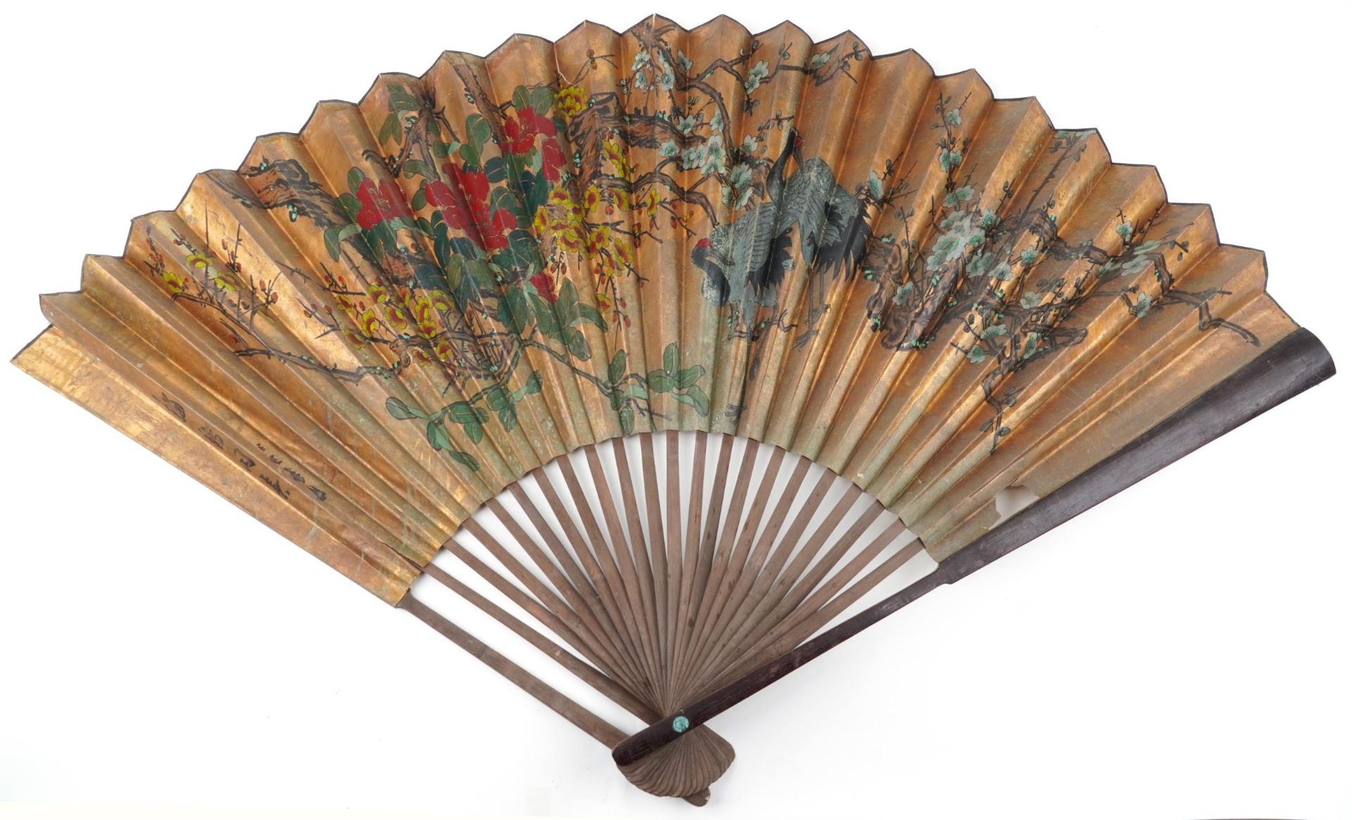 Large Chinese brisee fan hand painted with flowers, 89cm in length : For further information on this