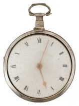 Grant, George III silver pair cased pocket watch with enamelled dial, the back case engraved