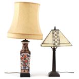 Two table lamps comprising Japanese Imari example hand painted with flowers having silk lined