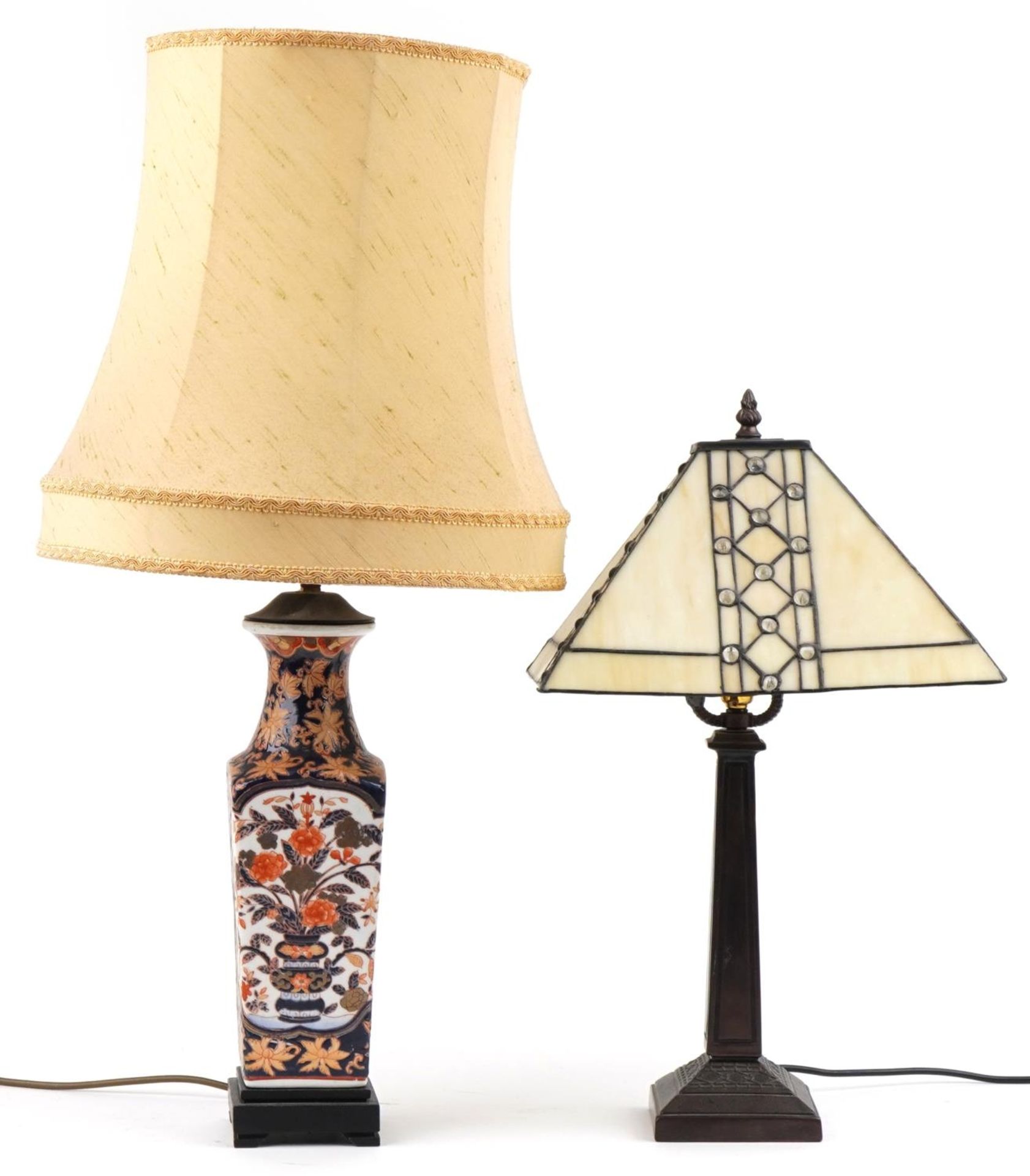 Two table lamps comprising Japanese Imari example hand painted with flowers having silk lined
