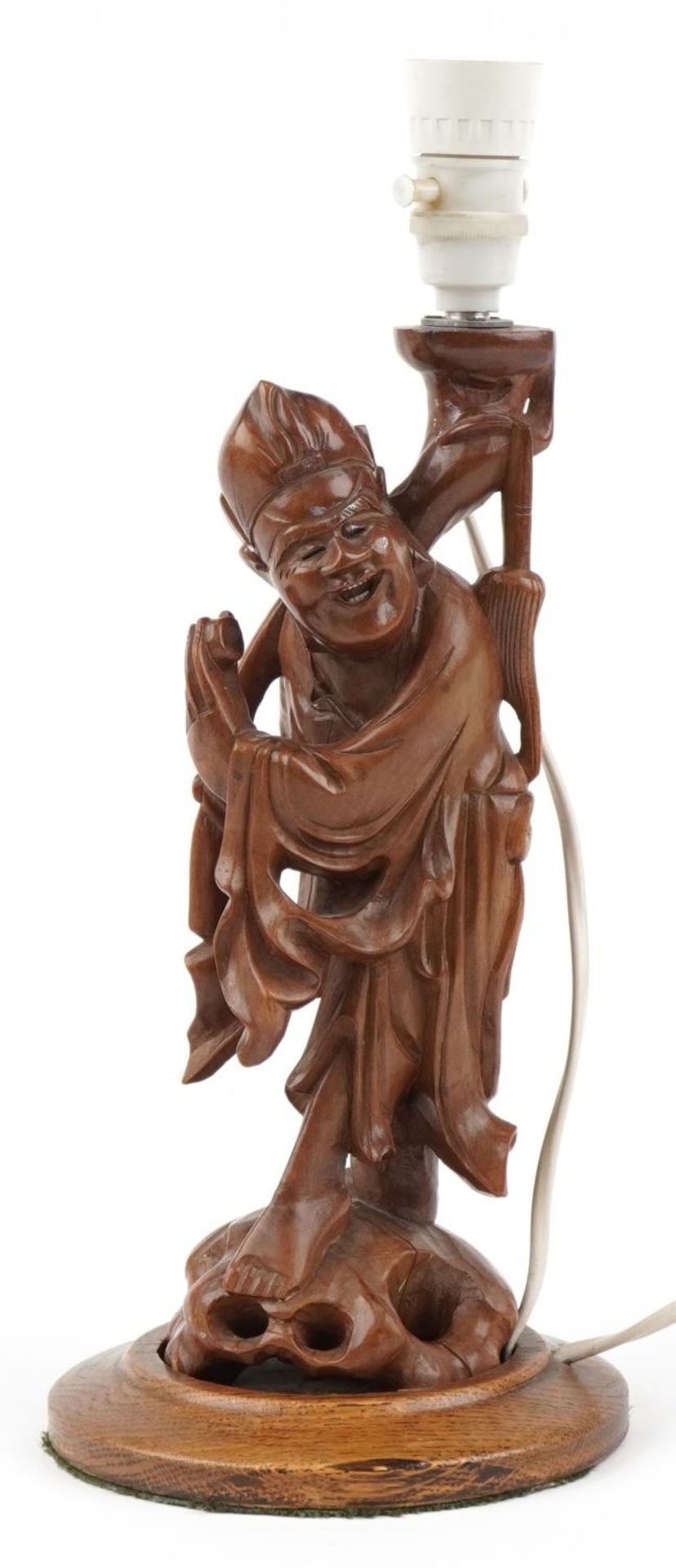 Chinese carved root wood table lamp in the form of an elder, 38.5cm high : For further information