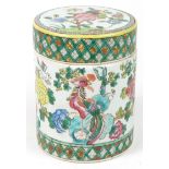 Chinese Canton porcelain cylindrical box and cover hand painted in the famille rose palette with