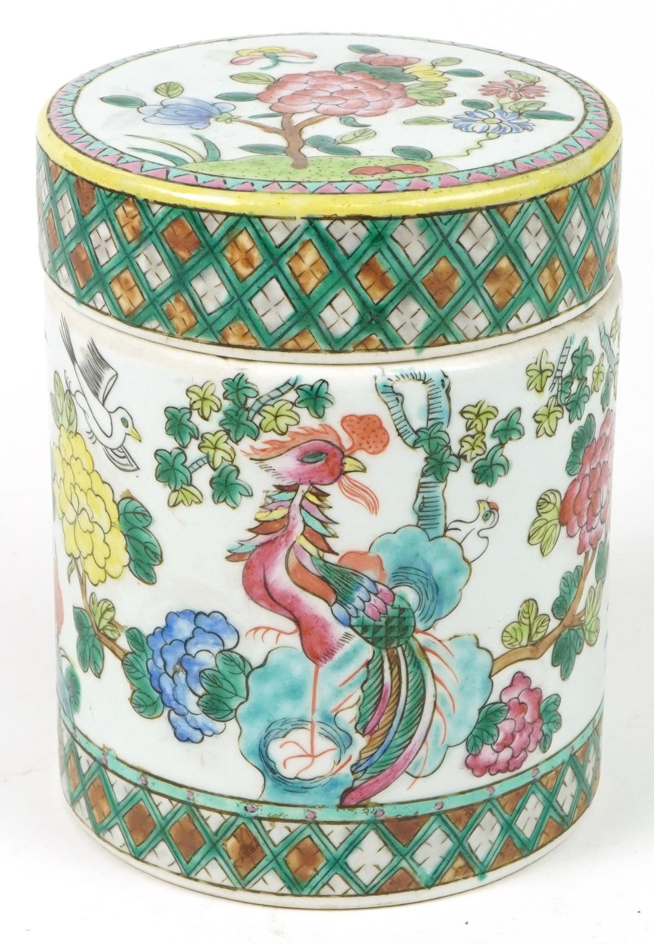 Chinese Canton porcelain cylindrical box and cover hand painted in the famille rose palette with