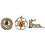 Scottish silver thistle brooch, agate pendant and silver stag brooch, 4.5cm wide, total 23.8g :