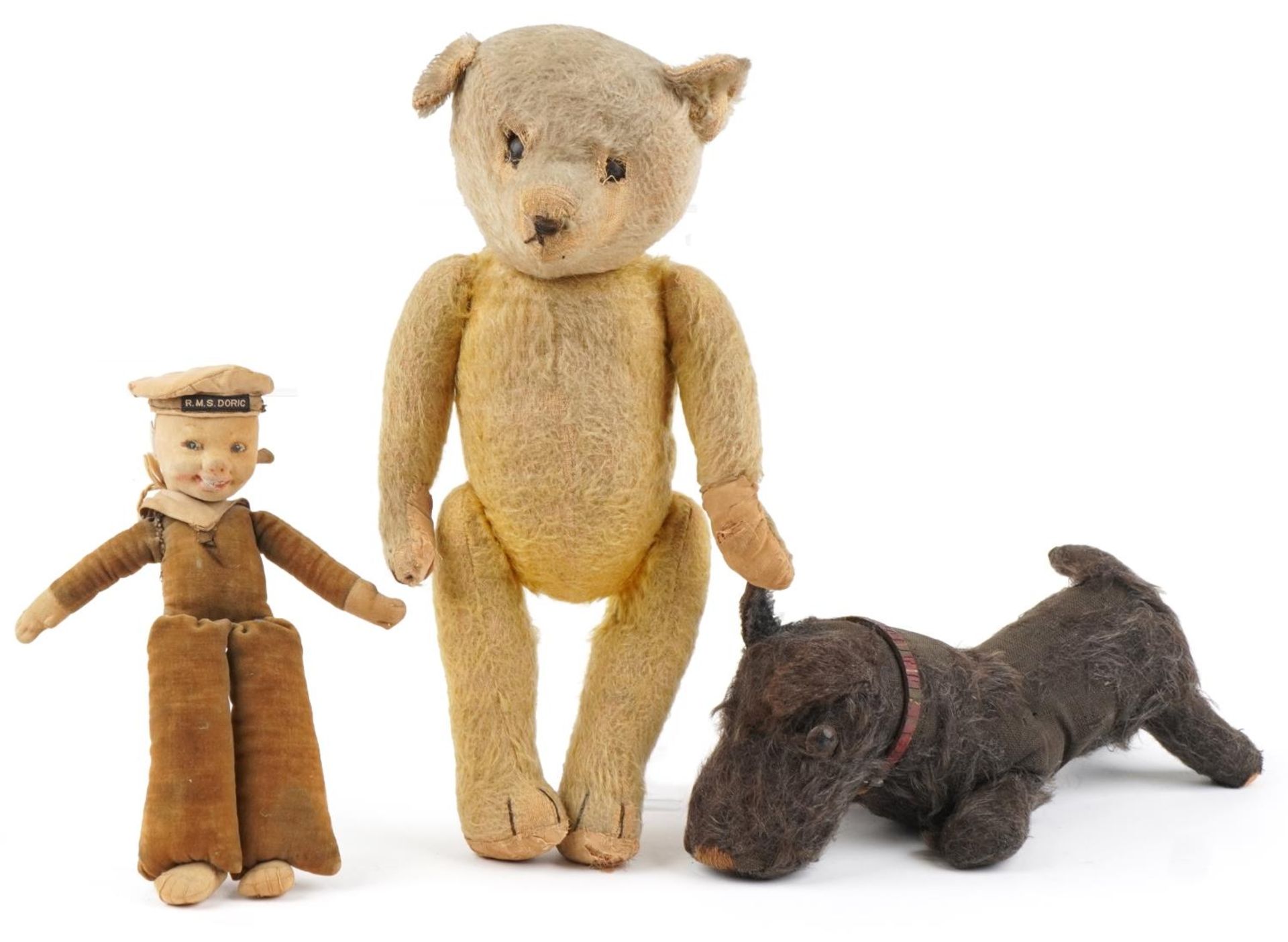 Vintage toys including Nora Wellings sailor and golden straw filled teddy bear with jointed limbs,