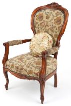 Victorian style armchair with floral upholstery on cabriole legs, 104cm high : For further