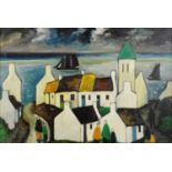 Manner of Markey Robinson - Figures beside cottages before water, Irish school oil on board, framed,