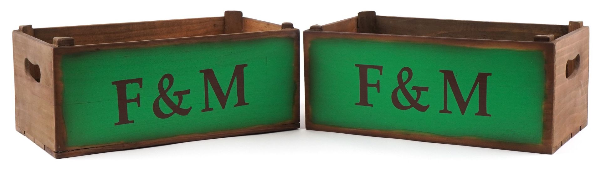 Pair of Fortnum & Mason design painted wooden crates, 18cm H x 44cm W x 25cm D : For further