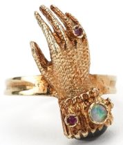 9ct gold female's hand ring set with a cabochon garnet, opal and rubies, size N, 4.5g : For