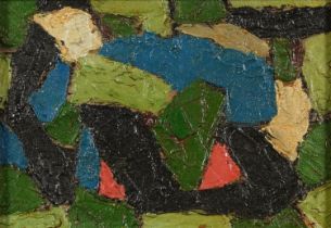 Abstract composition, green, blue, red and black shapes, impasto oil on board, framed, 25.5cm x 18cm