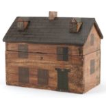 Hand painted treen box with hinged lid in the form of a Georgian house, 22cm H x 26.5cm W x 17cm D :