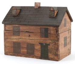 Hand painted treen box with hinged lid in the form of a Georgian house, 22cm H x 26.5cm W x 17cm D :