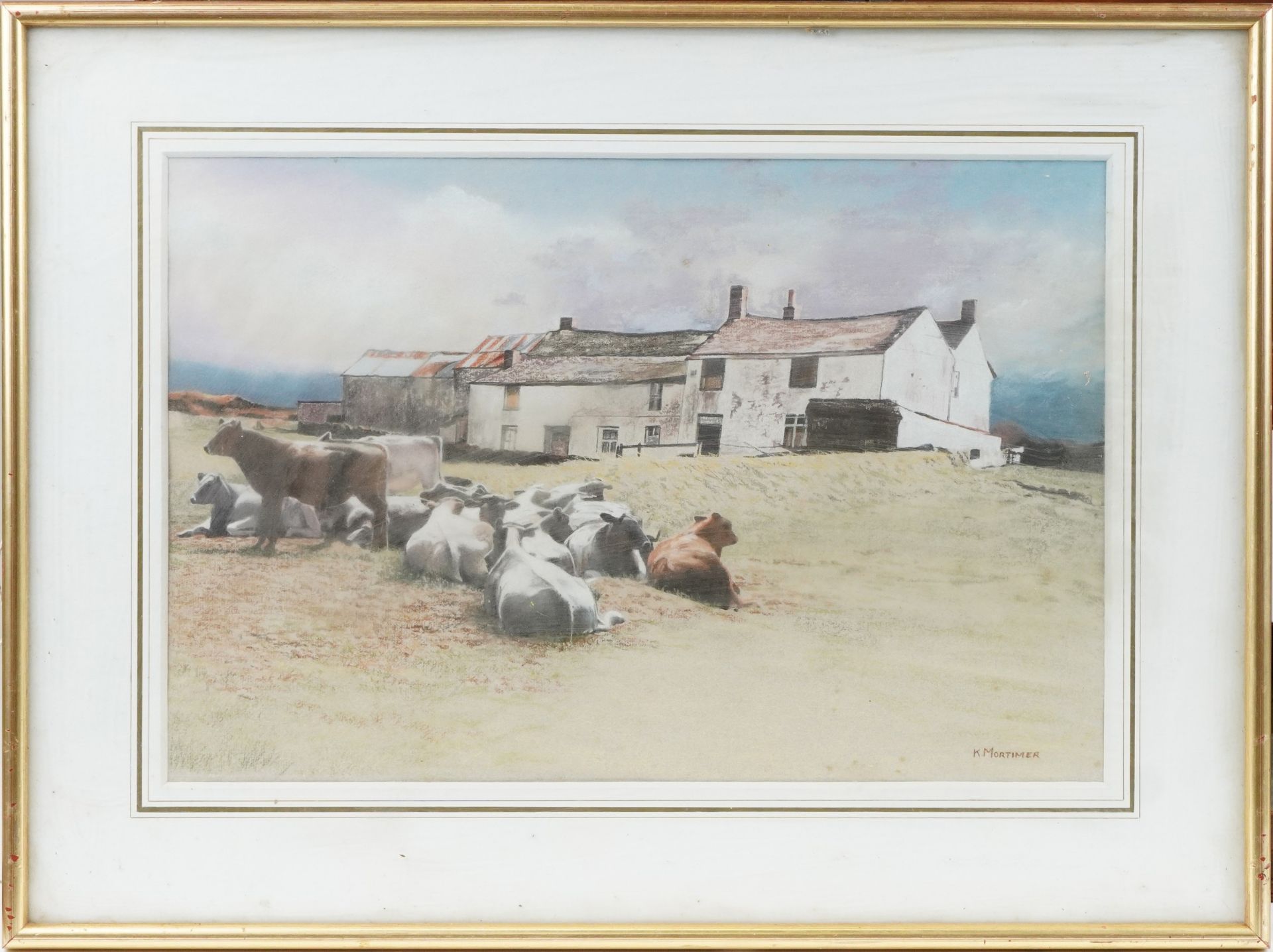 K Mortimer - Cattle before farm buildings, coloured chalks, framed and glazed, 51.5cm x 35cm - Bild 2 aus 5