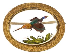 Victorian Essex Crystal style pheasant brooch with yellow metal mount impressed Mizpah, 3.8cm