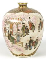 Japanese Satsuma pottery vase hand painted with mothers and children and birds amongst flowers,