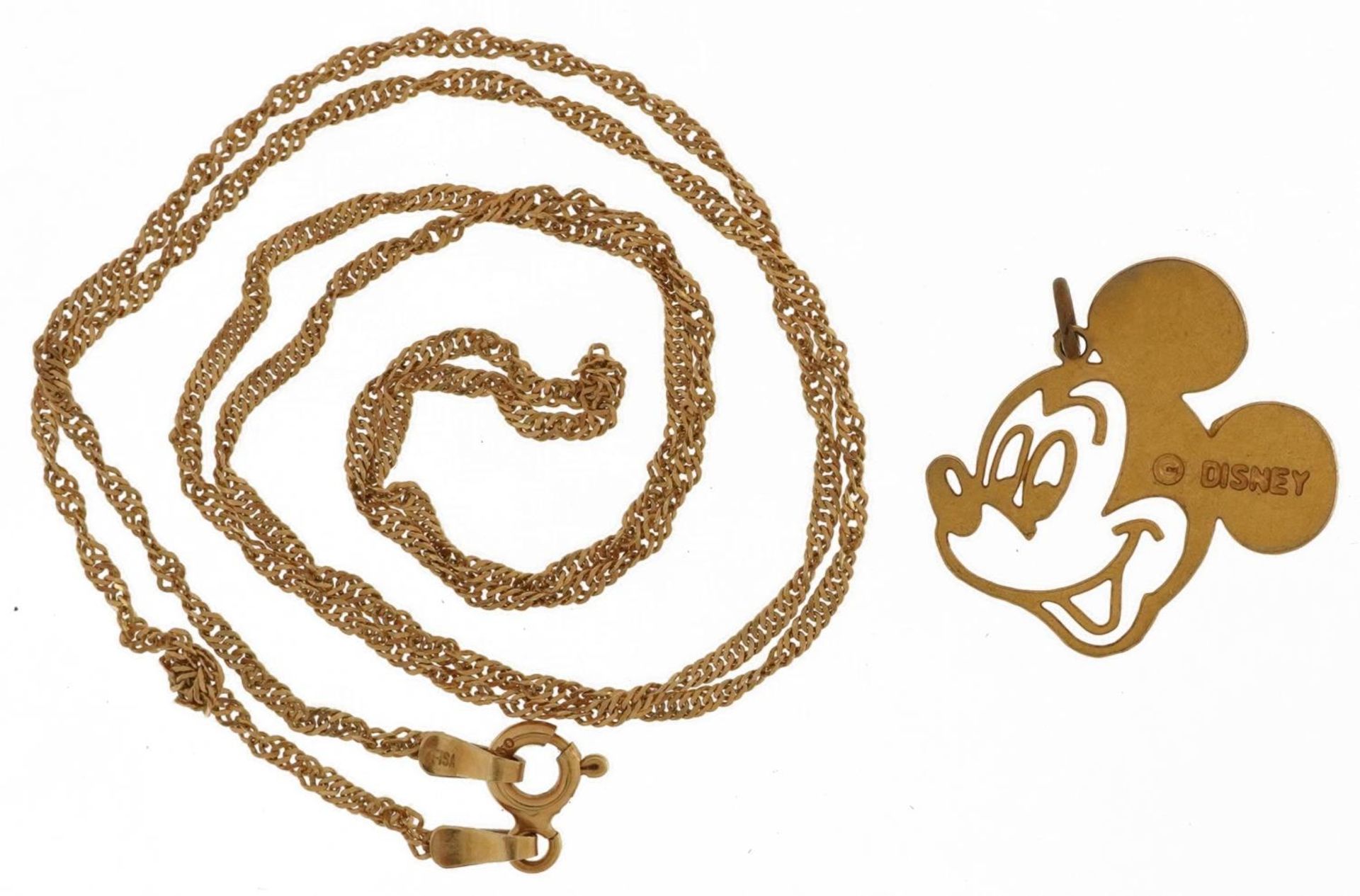 18ct gold rope twist necklace and a yellow metal Disney Mickey Mouse pendant, the necklace 48cm in - Image 3 of 5