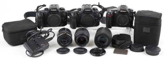 Vintage and later cameras and accessories including a Nikon D90 and two Canon EOS 30 : For further