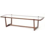 Scandinavian design mid century teak coffee table with glass top, 38cm H x 155cm W x 45cm D : For