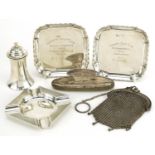 Antique and later silver items including unmarked silver chainmail coin purse, pair of Hesketh