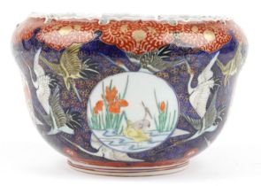 Japanese porcelain jardiniere hand painted with cranes, phoenixes and fish, 27cm in diameter : For