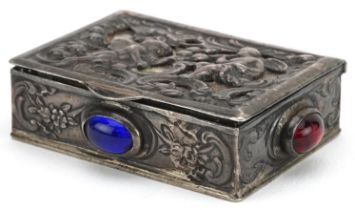 Kurz of Kesselstadt, German silver and mother of pearl snuff box set with blue and red cabochons,