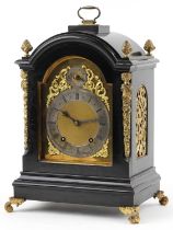 19th century ebonised bracket clock striking on two gongs with gilt metal mounts and blind fret