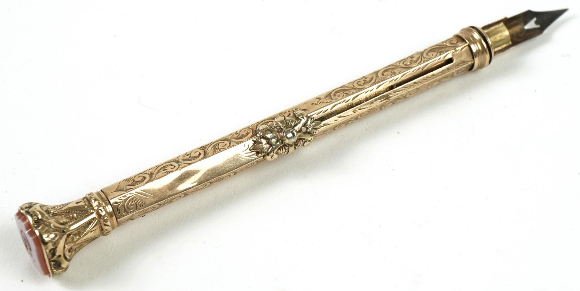 Victorian unmarked gold combination propelling pencil and dip pen with hardstone seal top end, 21.8g - Image 2 of 5
