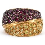 Modernist 18ct gold ruby and yellow stone crossover cluster ring, size P, 11.5g : For further