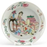 Chinese porcelain dish hand painted in the famille rose palette with a mother and children